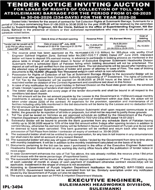Suleimanki Headworks Division Tender Notice